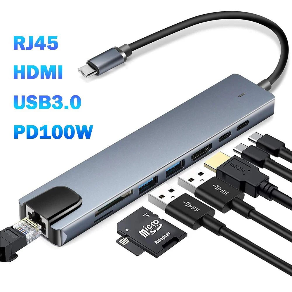 USB 3.0 Type C HUB USB C Docking Station to HDMI 4K 30HZ Type C to RJ45 100Mbps Ethernet Adapter VGA Extender Headphone PD 100W Pi-Mart