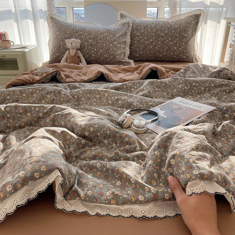 Summer Quilt Korean Style Duvet with Lace Single/Queen Size Comforter Flower Printed Quilted Blanket 여름이불 (No Pillowcase) Pi-Mart