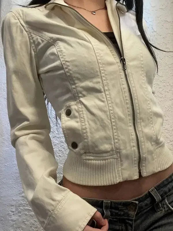 Vintage Cropped Jackets Women Harajuku Casual Slim Fit Zipper Coat Y2K Streetwear Long Sleeve Outerwear Autumn New Arrival Pi-Mart