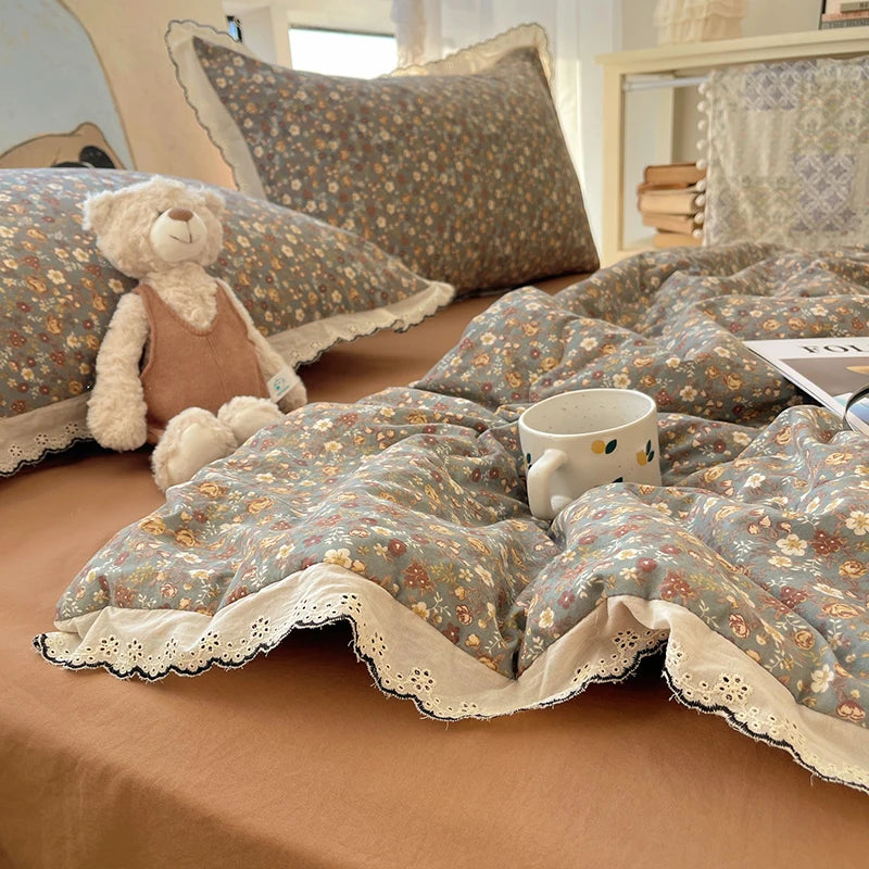 Summer Quilt Korean Style Duvet with Lace Single/Queen Size Comforter Flower Printed Quilted Blanket 여름이불 (No Pillowcase) Pi-Mart