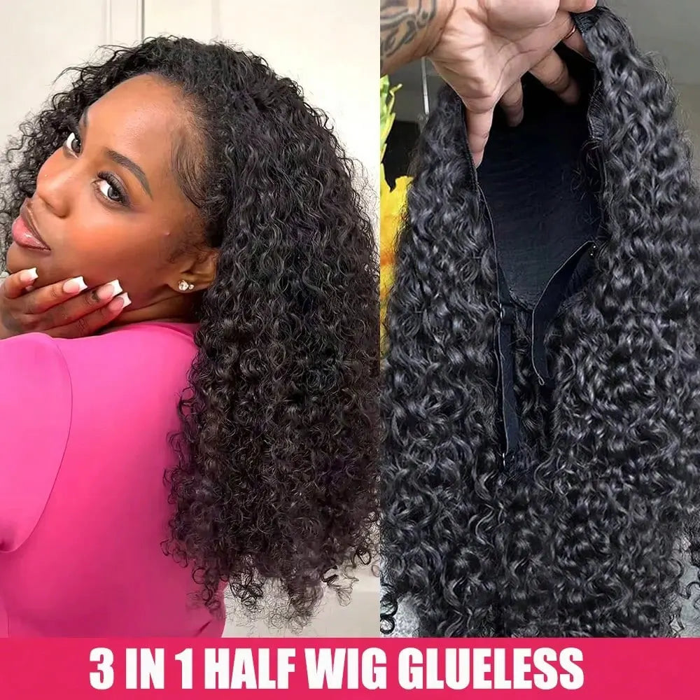 Jerry Curly Half Wig Human Hair Seamless Kinky Curly 3 In 1 Half Wig  Glueless  Heandband Clip In Wig No Sew In Black Color LadyShow.Store
