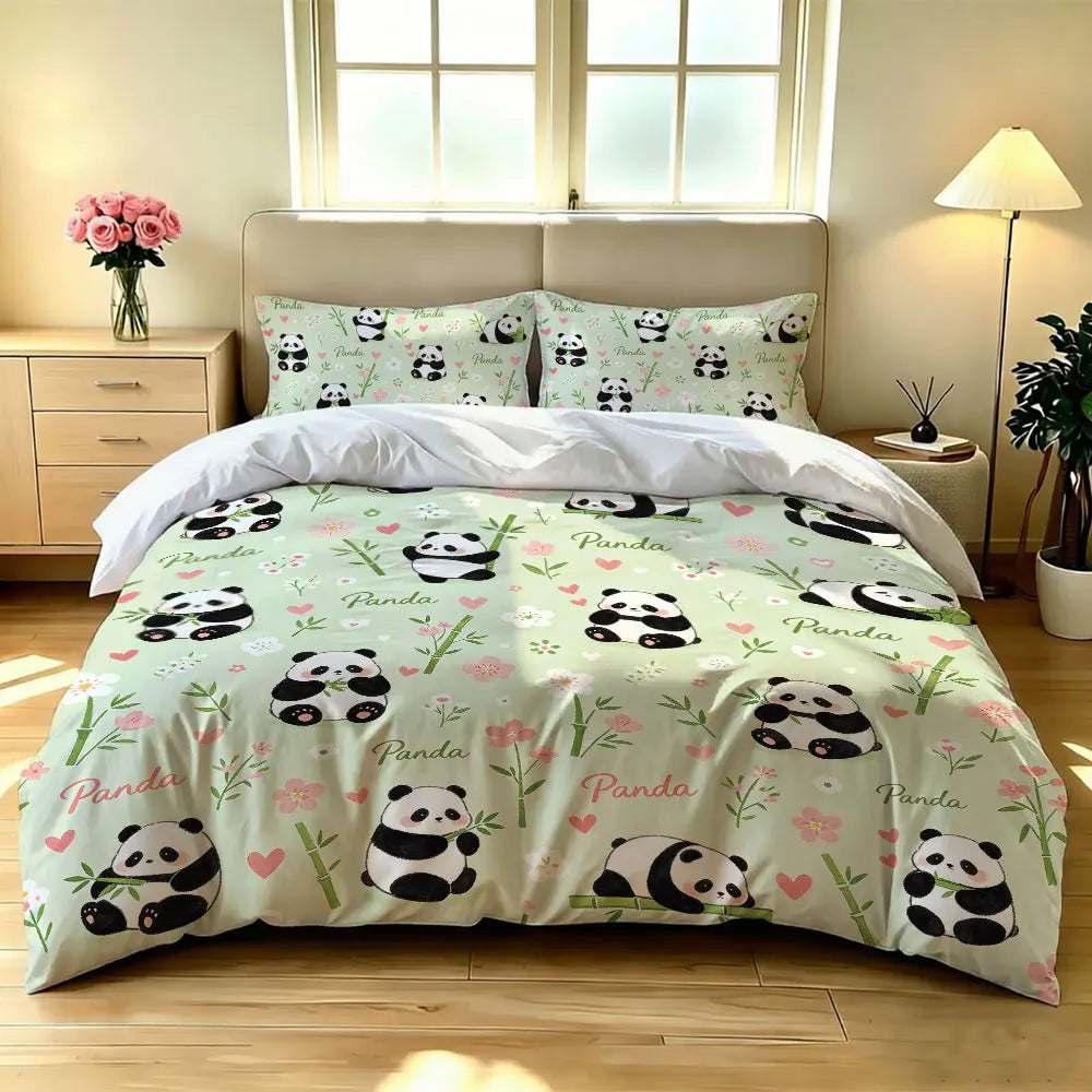 3pcs Cartoon Panda Print Coreless Duvet Cover Cool Summer Lightweight Bedding Set Multi Size Bedroom Bedding Decoration Pi-Mart