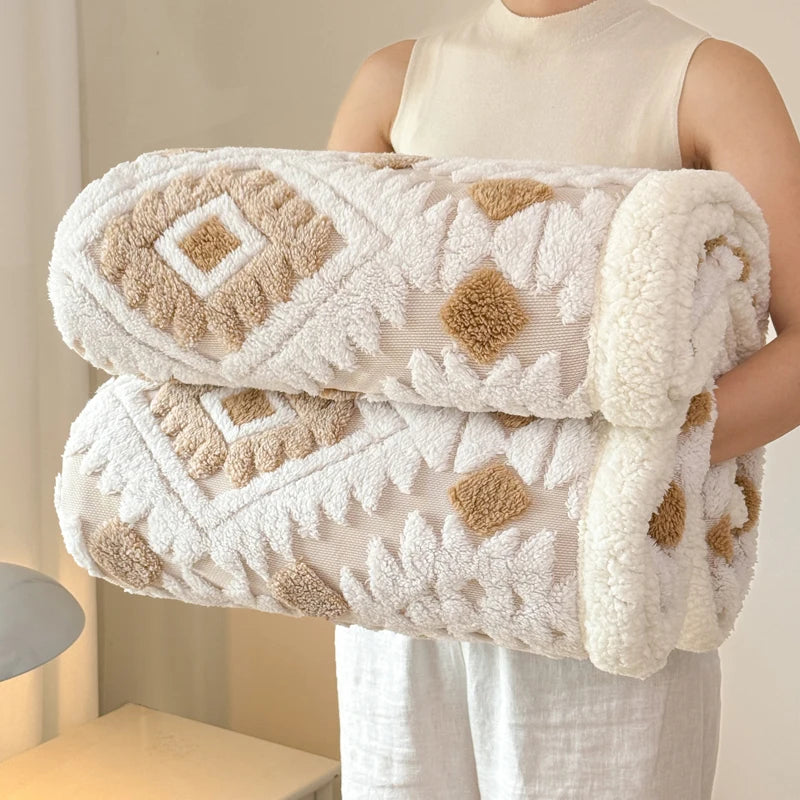 Geometric Patterned Jacquard Fleece Blanket Double Layer Thick Warm Taffeta Sofa Throw Blanket Spring Autumn Plush Bed Blanket Pi-Mart
