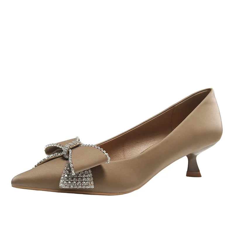 High Quality Satin Rhinestone Bowknot Design Kitten Heel Pumps Women Pointed Toe Elegant Party Shoes Luxury Wedding Bride Heels LadyShow.Store