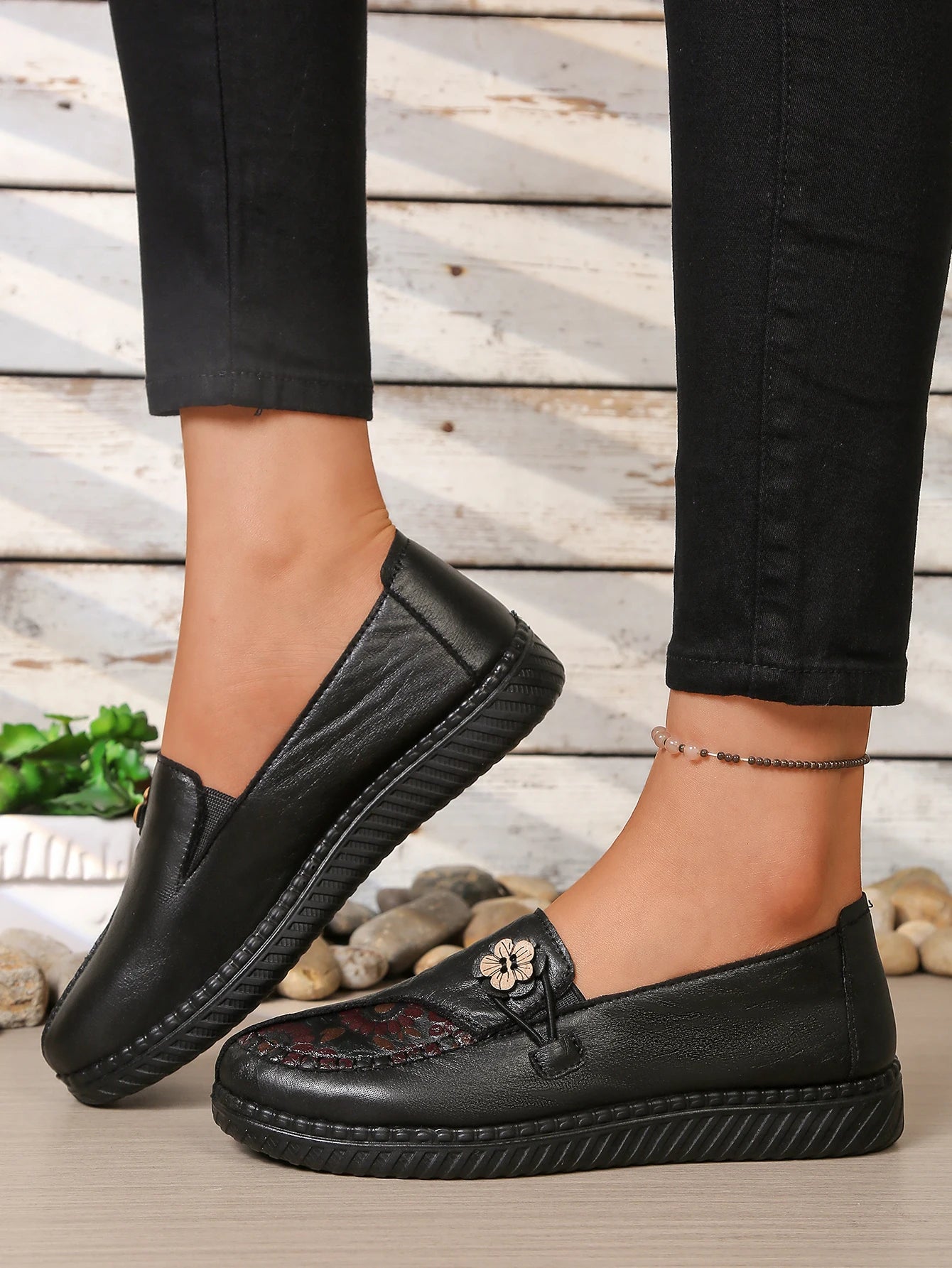 Women's Spring Autumn Leather Loafers Floral Embossed Slip‑On Flats Anti‑Slip Comfort Casual Mom Daily Walking Free Shipping Pi-Mart