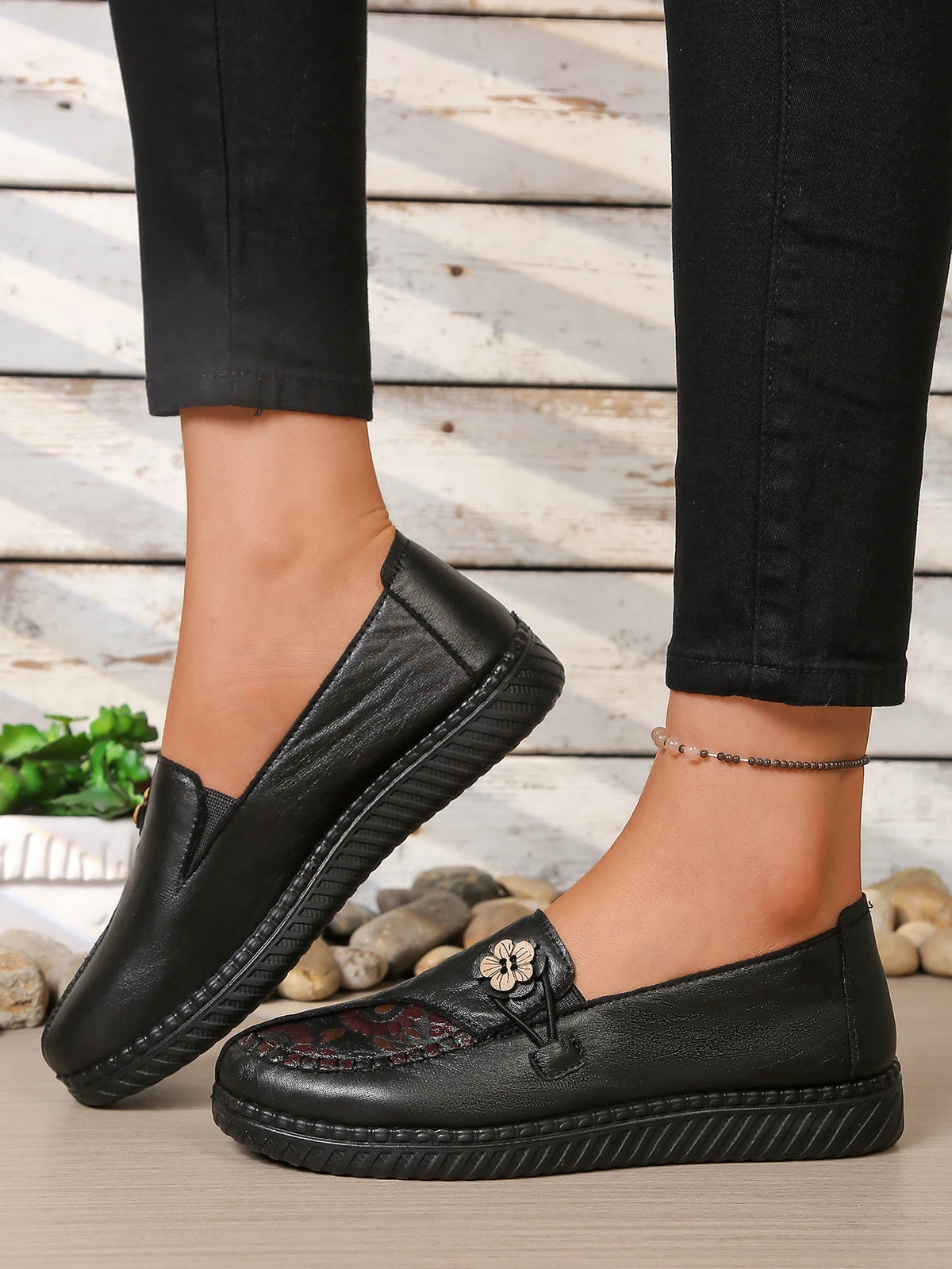 Women's Spring Autumn Leather Loafers Floral Embossed Slip‑On Flats Anti‑Slip Comfort Casual Mom Daily Walking Free Shipping Pi-Mart