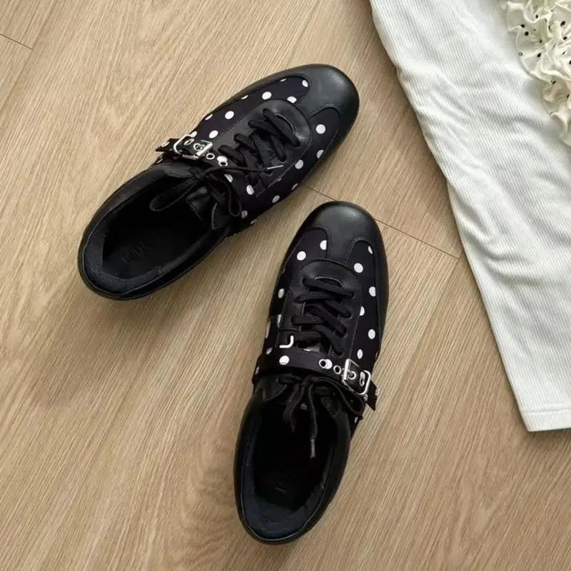 Korean Style Black Polka Dot Sneakers Women Spring 2026 Luxury Metal Decoration Designer Vulcanize Shoes Woman's Sports Shoes Pi-Mart
