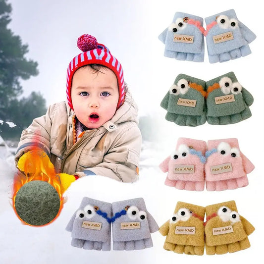Cartoon Autumn Winter Gloves Cold Proof Windproof Baby Children Half Finger Flap Gloves Thickened Hand Warmer Pi-Mart