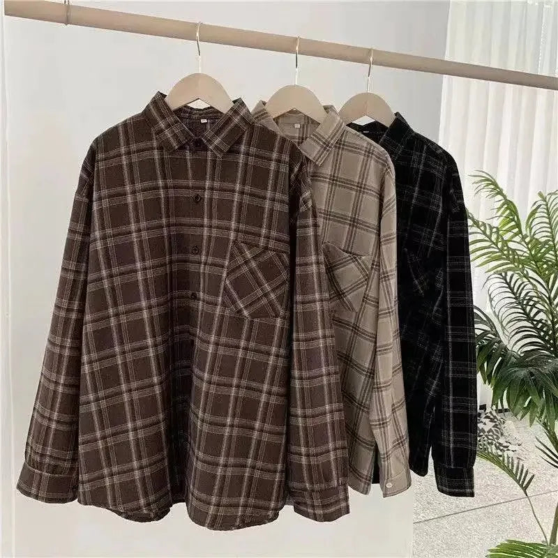 Plaid shirt women long sleeve retro port taste loose size women Korean version of the spring wear student jacket LadyShow.Store