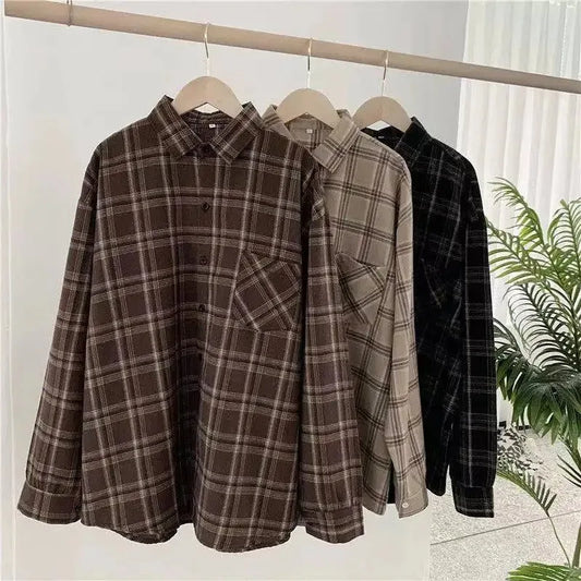 Plaid shirt women long sleeve retro port taste loose size women Korean version of the spring wear student jacket LadyShow.Store