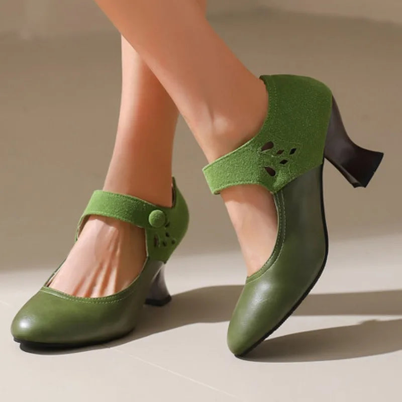 Summer Spring Cute Women Pumps Round Toe 6.5cm Small Heels Flock and PU Ankle Strap Buckle Green Yellow Big Size 46 48 Pi-Mart