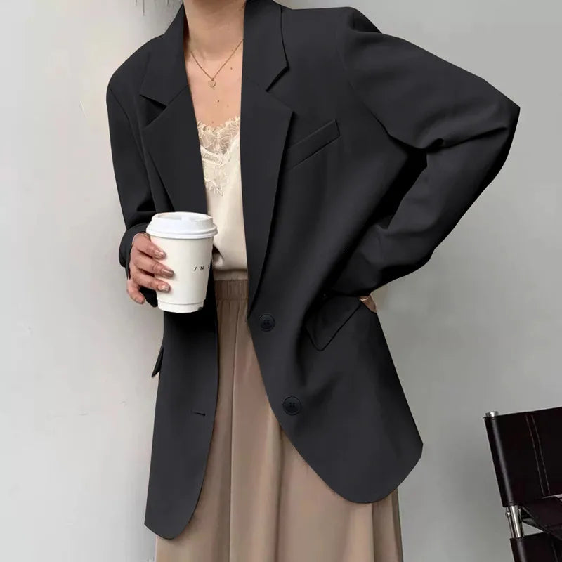 Mid Length Blazer Jacket Women Solid Long Sleeve Pocket Lapel Single Beasted Formal Coat Outerwear Loose Work Casual Blazers Pi-Mart