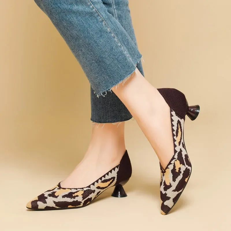 New Knitted Dress Shoes for Women Fashion Leopard Print Pointed Toe Shallow Designer Pumps Elegant Party Banquet Heels Ladies LadyShow.Store