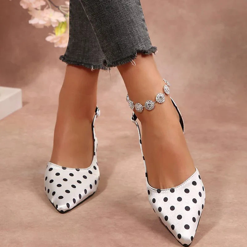 Vintage Polka Pot Pointed Toe Pumps Women Banquet Stiletto High Heel Shoes for Woman Adjustable Buckle Strap Chic Summer Shoes LadyShow.Store