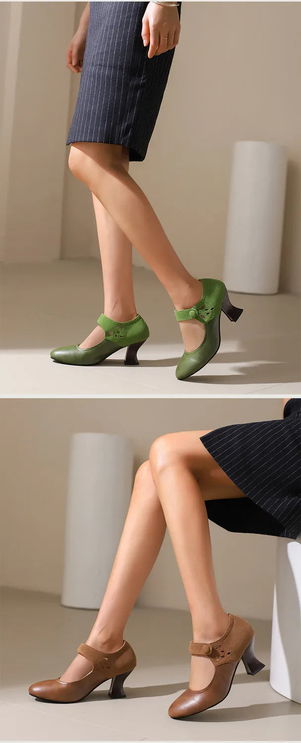 Summer Spring Cute Women Pumps Round Toe 6.5cm Small Heels Flock and PU Ankle Strap Buckle Green Yellow Big Size 46 48 Pi-Mart