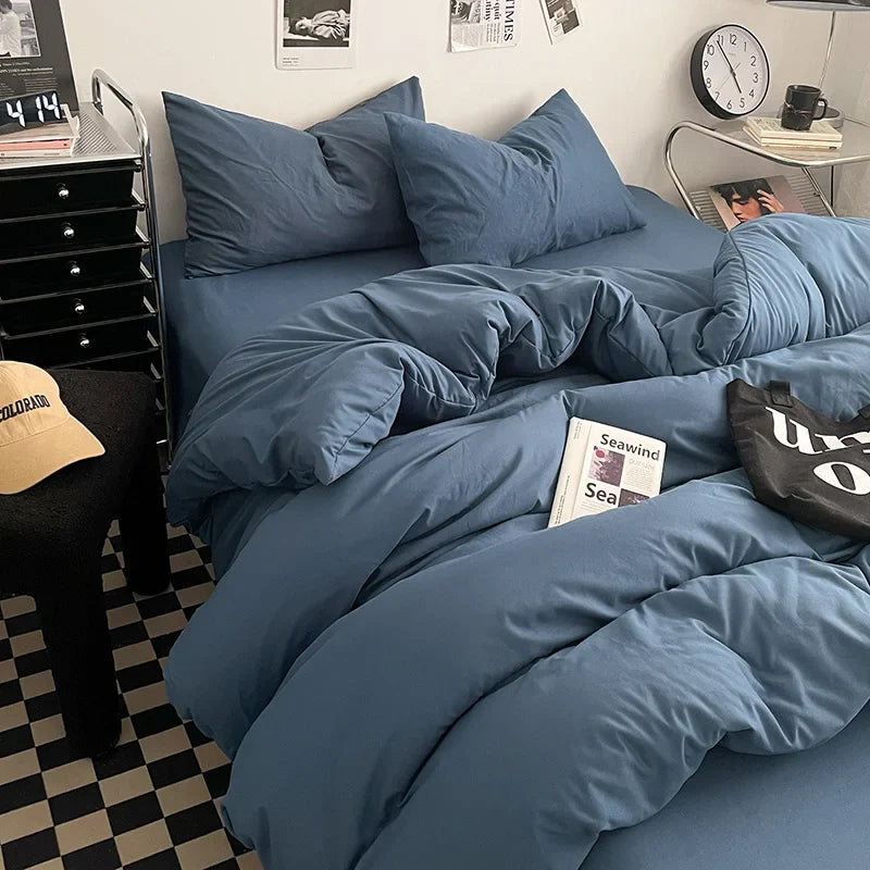 Washed Cotton Bed Linen Bedding Set 4 Pieces Bed Sheets Set Solid Color Comforter Cover Couple Queen King Size Bed Quilt Cover LadyShow.Store