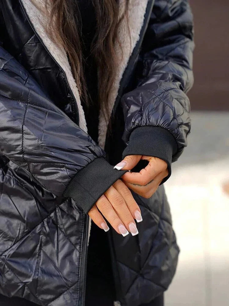 Women Fleece Lined Hooded Quilted Coat Diamond Grid Puffer Jacket Warm Sherpa Lining Zip Up Mid Length Winter Outerwear Parka LadyShow.Store
