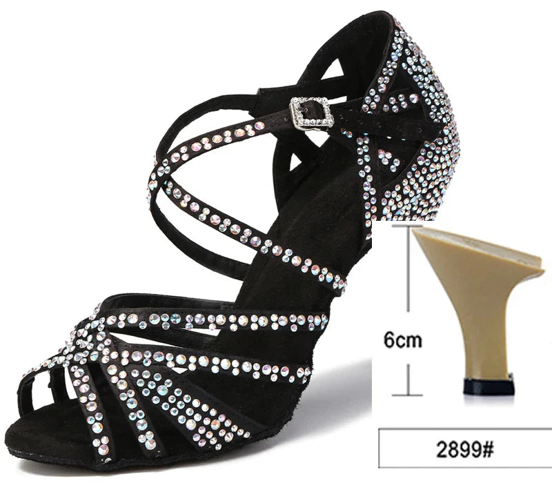 WUXIJIAO Women Party Dance Shoes Satin Shining rhinestones Soft Bottom Latin Dance Shoes Woman Salsa Dance Shoes heel LadyShow.Store