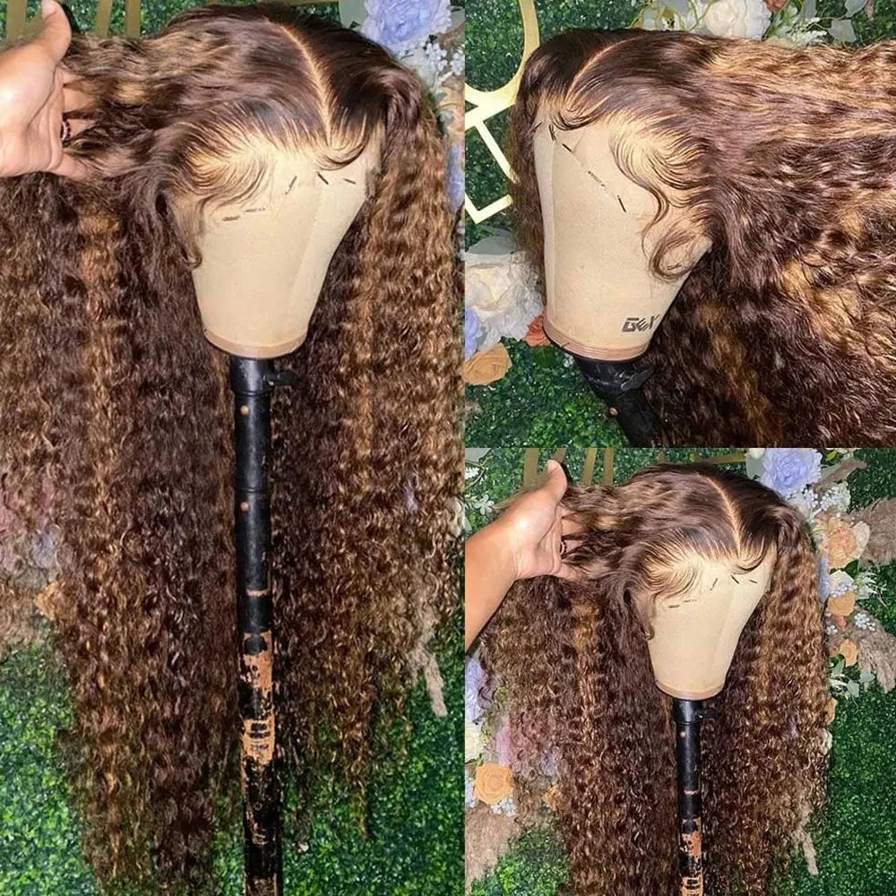 Highlight Curly Wig 13x4 Lace Front Wig Human Hair Wigs Glueless HD Deep Wave Lace Frontal Wig 4/27 Colored Wigs PrePlucked LadyShow.Store