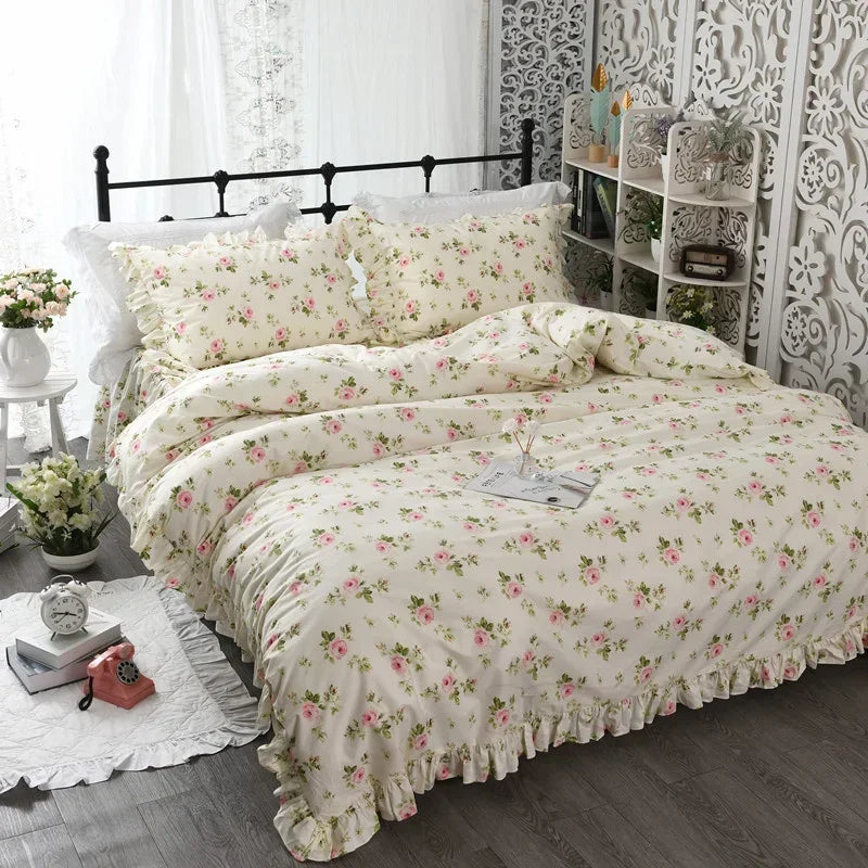 Garden Flower Print King Size Bedding Set Ruffle Duvet Cover Bed Sheet Princess Bed Linens Bedding Set Queen Comforter Sets LadyShow.Store