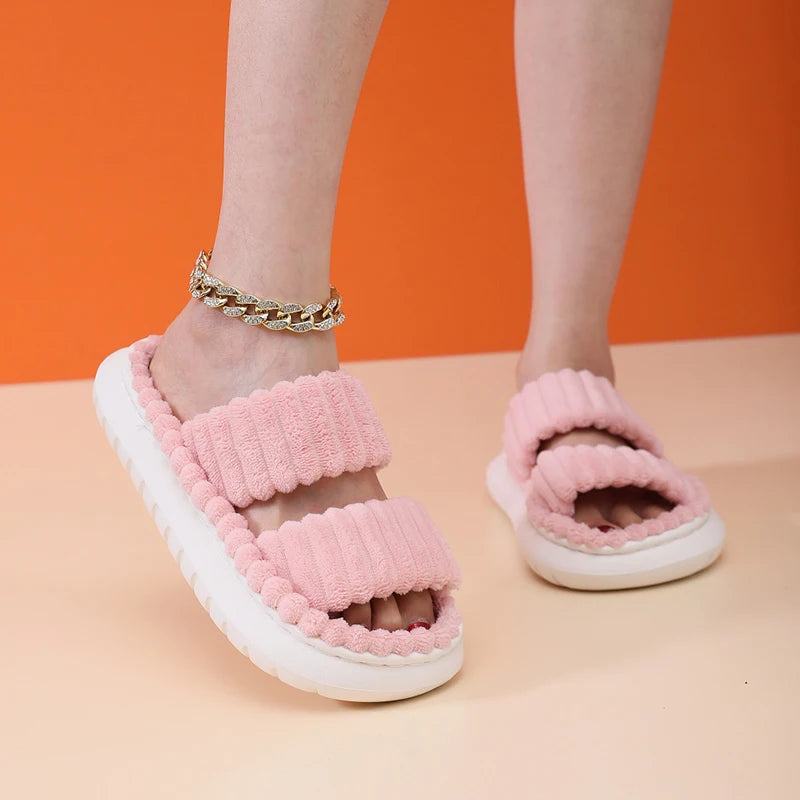 2024 Autumn Winter New Women Home Slippers Open-Toe Cross Band Linen Soled Indoor Slides Linen Soled Non-Slip Bathroom Slippers Pi-Mart