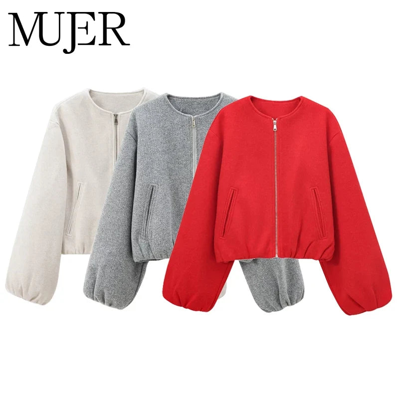 MUJER Red Zipper Bomber Jackets for Women Soft Cropped Jackets Woman 2025 Long Sleeve Woman's Sports Jacket New in Outerwears LadyShow.Store