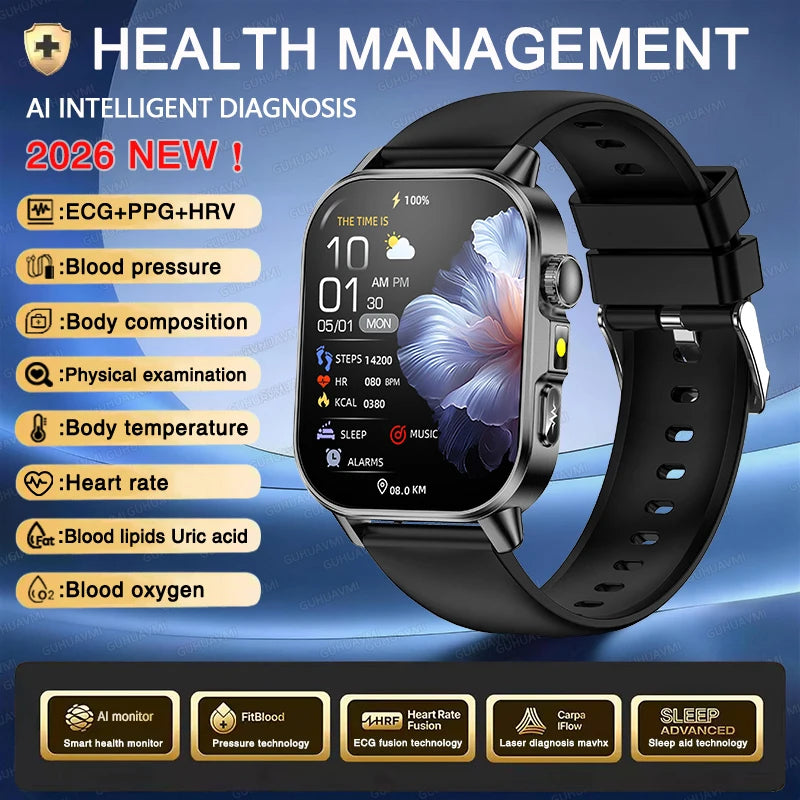 New Men Accurate Health Diagnosis ECG Smart Watch Blood Pressure Blood Oxygen Blood Fat Uric Acid Temp Bluetooth call Smartwatch Pi-Mart