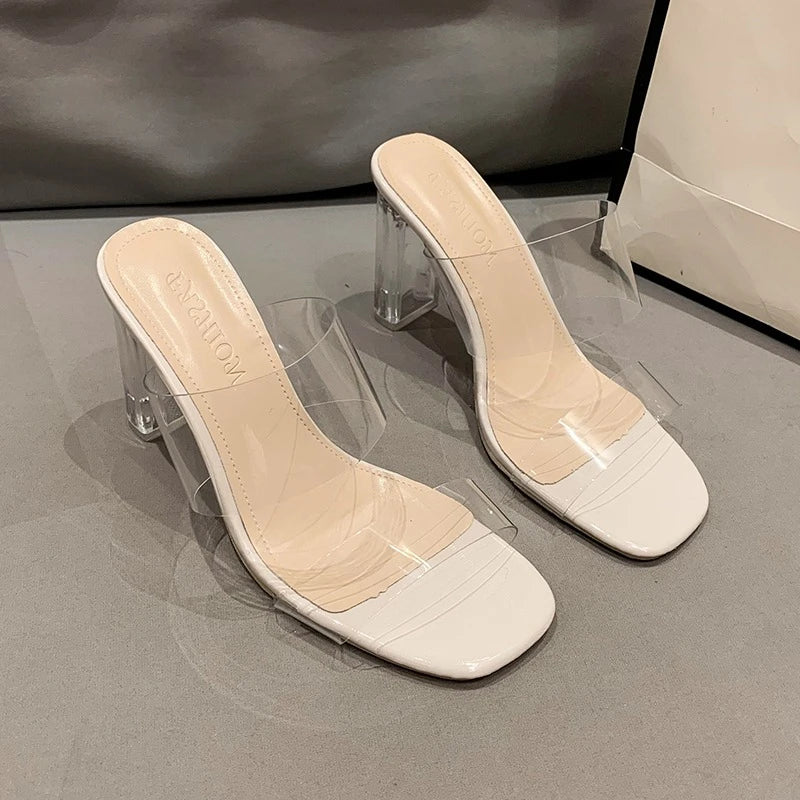 Summer Women Pumps Sandals 9cm Jelly Slippers Sexy Open Square Toe High Heels Women Transparent Slippers Shoe Heel Clear Sandals LadyShow.Store