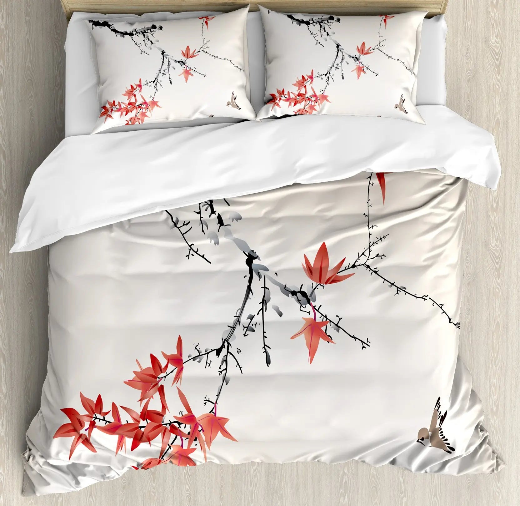 Japanese Duvet Cover Set Simplistic Cherry Blossom Tree Botanic Themed Pattern Fresh Organic Lines Bedding Set For Kids Girls Pi-Mart