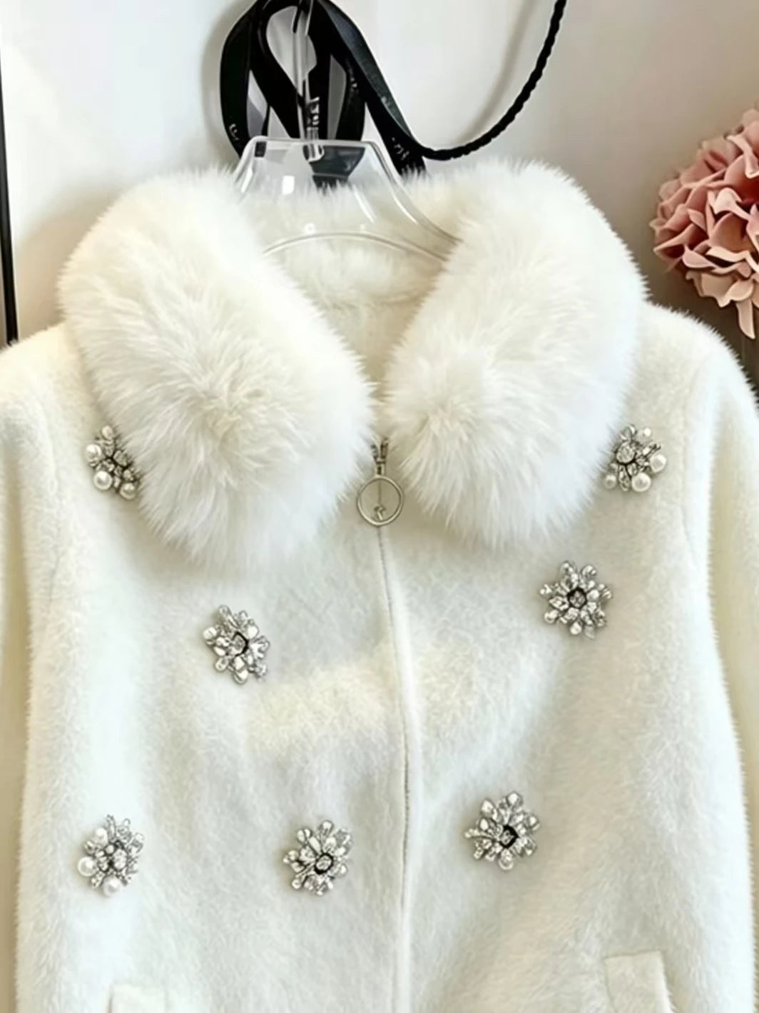 Luxury Diamonds Stitch Thick Winter Sweaters  Knitwear Coat Faux Fur Collar Knitted Cardigan Jacket Coat Women's Trend Sweater Pi-Mart