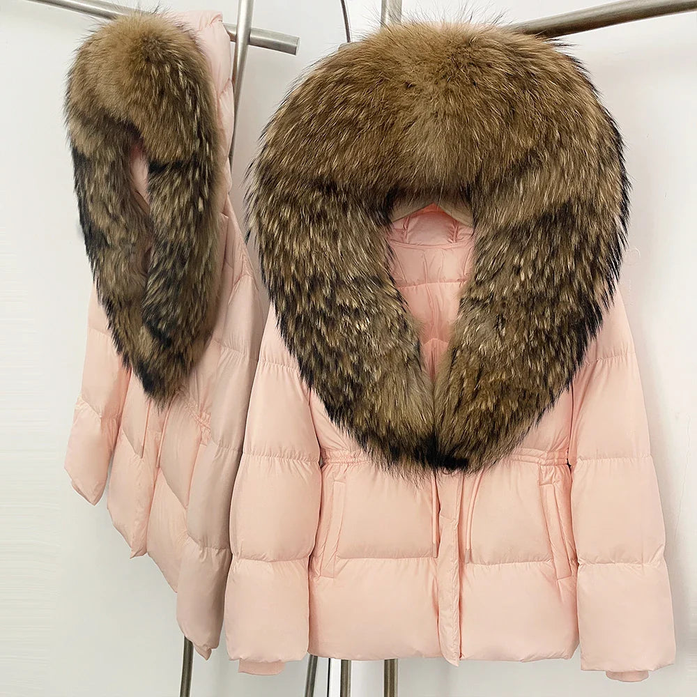 Reality Fur Jacket Real Fur Collar Duck Down Coat Female Winter Hooded Warm Fox Fur Coat Women Natural Raccoon Fur Puffer Jacket LadyShow.Store