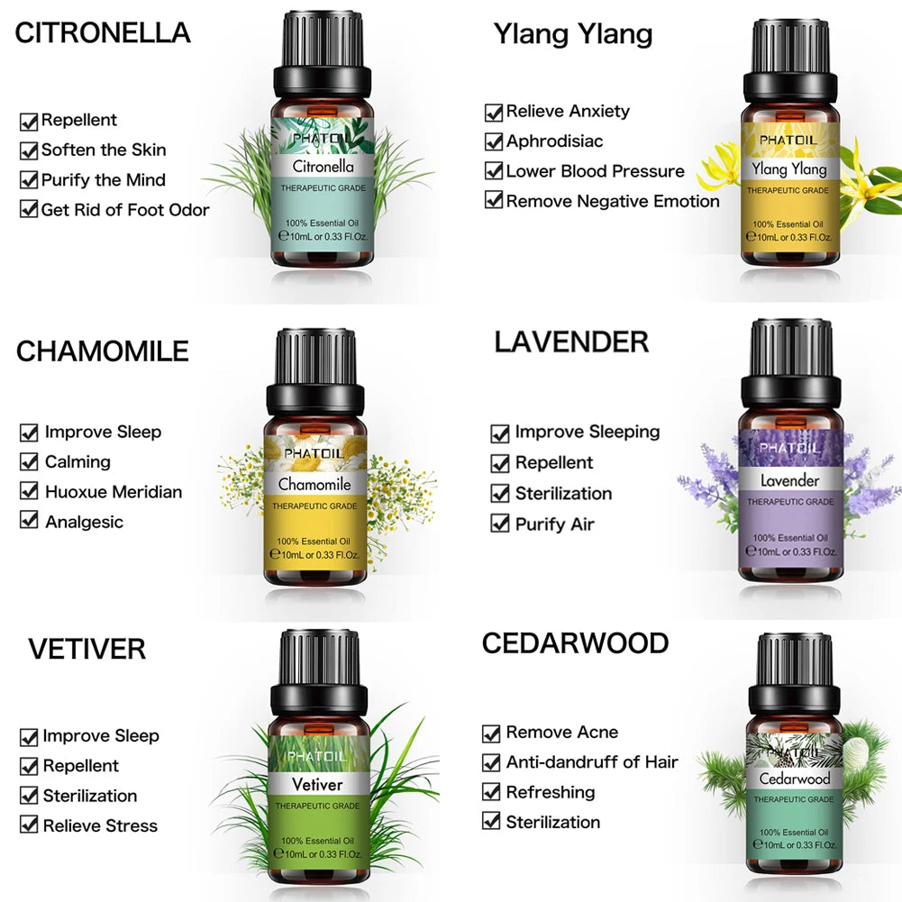 PHATOIL 10ml Ginger Essential Oil for Perfume Candles Making Spa Massage Humidifier Rose Jasmine Pine Needles Tangerine Thyme Pi-Mart