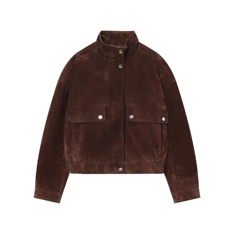 Women Suede Leather Jacket with Pockets Autumn Fashion High Collar Long Sleeve Button Jacket Lady Coats Causal Female Chic Tops LadyShow.Store