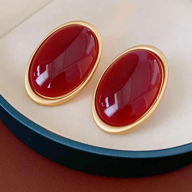 Anchor Red Geometric Oval Stud Earrings for Women Personality Versatile Resin Earrings Simple Fashion Jewelry Wholesale Gifts N1 Pi-Mart