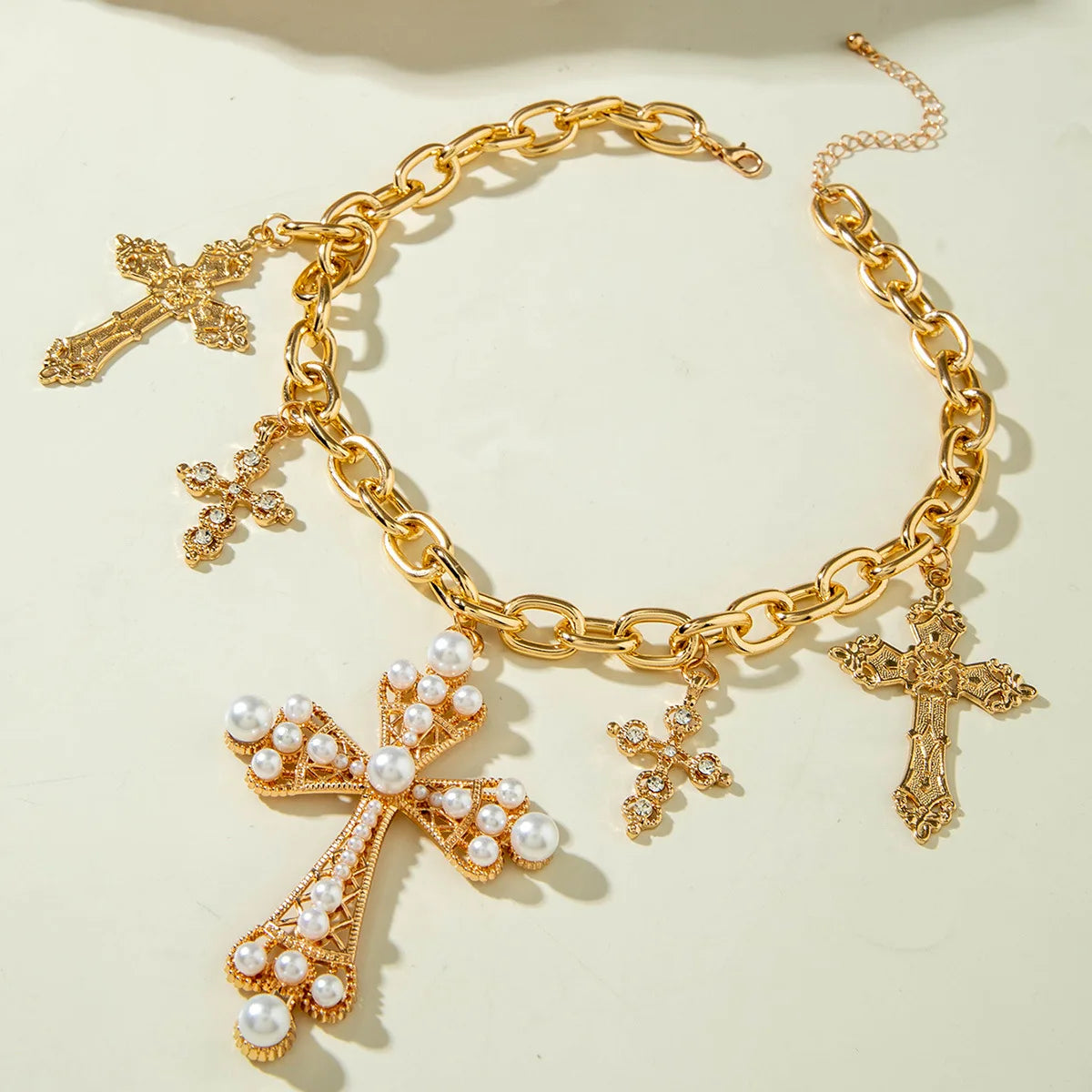 Vintage Creative Imitation Pearl Big Cross Pendant Necklace for Men Woman Luxury Rhinestone Choker Adjustable Chain Jewelry Pi-Mart