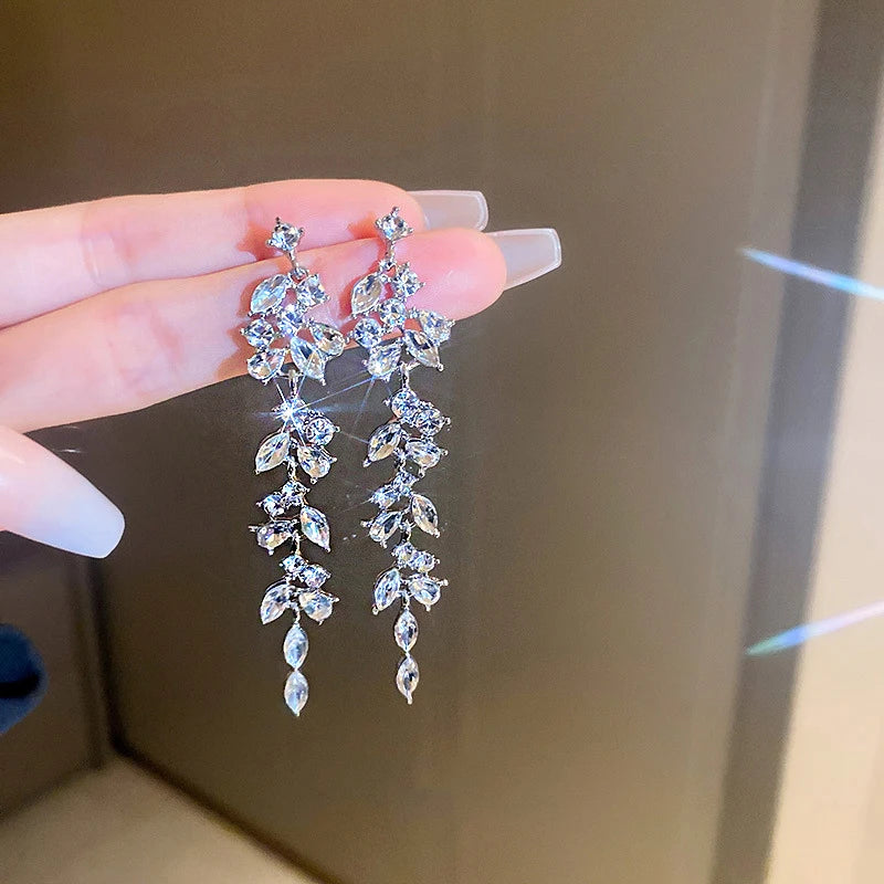 Shiny Crystal Zircon Long Stud Earrings for Women Geometric Hanging Drop Tassel Earring Fashion Party Vintage Pendant Jewelry Pi-Mart