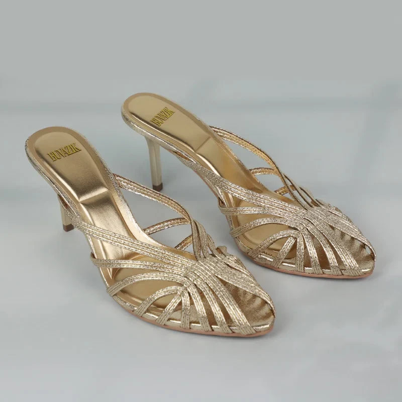 New Gold Hollow Thin Strip Heels for Women Luxury Pointed Toe Heeled Pumps Office Lady Mules Summer Stiletto Shoe Sandals 2025 LadyShow.Store