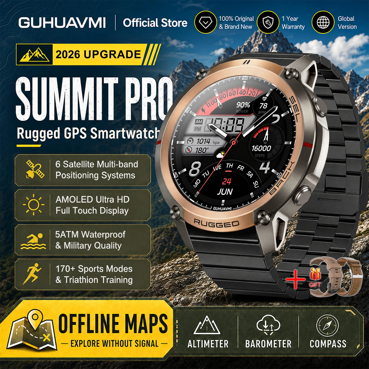 2026 Military Satellite Offline Map GPS Smart Watch Men 1.43''AMOLED Bluetooth Call Compass 5ATM Waterproof 170+Sport Smartwatch Pi-Mart