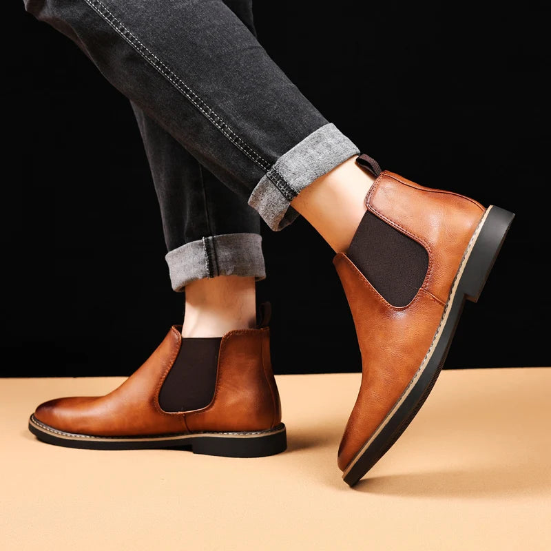 YRZL 39~47 Men Chelsea Boots Brand Retro Comfortable PU Leather Ankle Boots Men 2025 Fashion Black Brown Mens Boots Pi-Mart