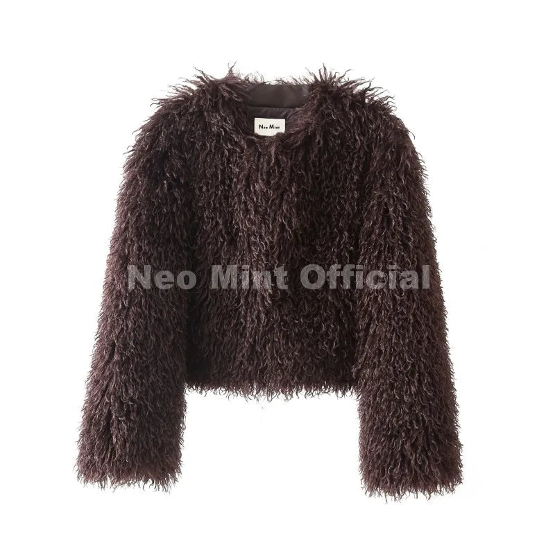 Neo Mint Chic Street Girls Round Neck Faux Mongolia Sheep Fur Coat Women 2025 Winter Fluffy Warm Fur Jacket Cropped Outerwear LadyShow.Store