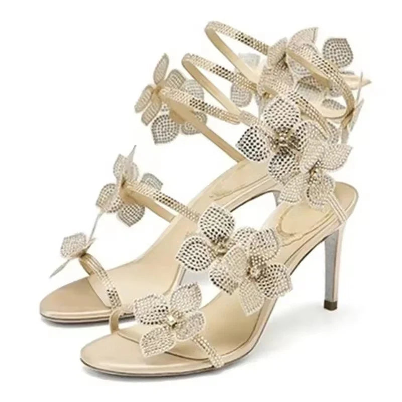 Aneikeh Sexy CRYSTAL Flower Narrow Band Ankle Strap Sandals Woman Thin High Heels Street Style  Pole Dancing Ladies Shoes LadyShow.Store