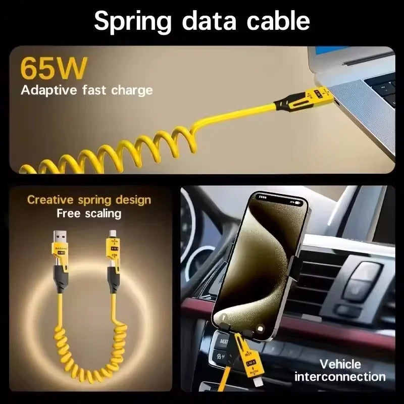 2PCS 4 in 1 65W Spring Short Data Cable 6A USB Type C Spring Telescopic Quick Charger Wire Spring USB Cable for IPhone15 141312 Pi-Mart