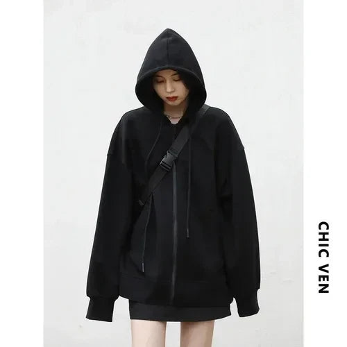 CHIC VEN Women Sweatshirts Hoodies Solid Loose Casual Hooded Female Tops Lady Coat Medium Length Overcoat Spring Autumn 2025 LadyShow.Store