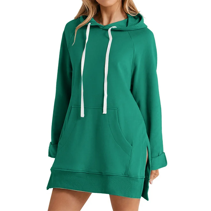 Women Hoodie Dress Slit Hem Drawstring Loose with Big Pocket Hooded Pullover Mid Length Top Commuting Dating Sport HoodieCYXX385 LadyShow.Store