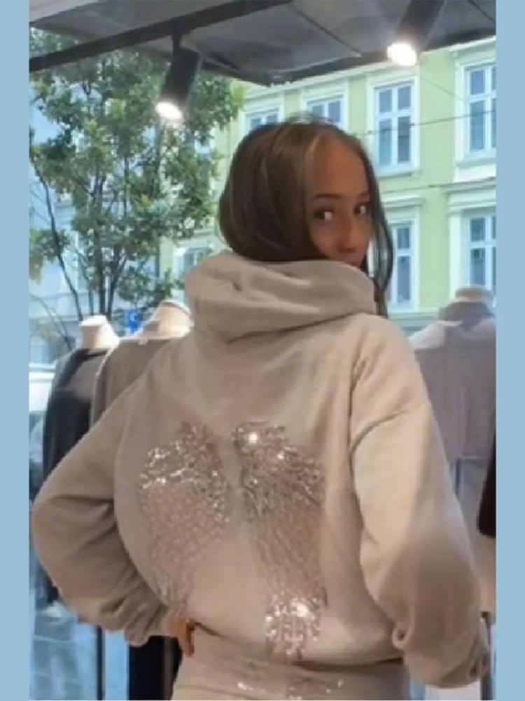 Women's Shinny Sequin Angel Wings Hooded Jacket Pant Long Sleeve Loose Casual Hooded Pullover 2025 New Lady Y2K Autumn Outwears LadyShow.Store