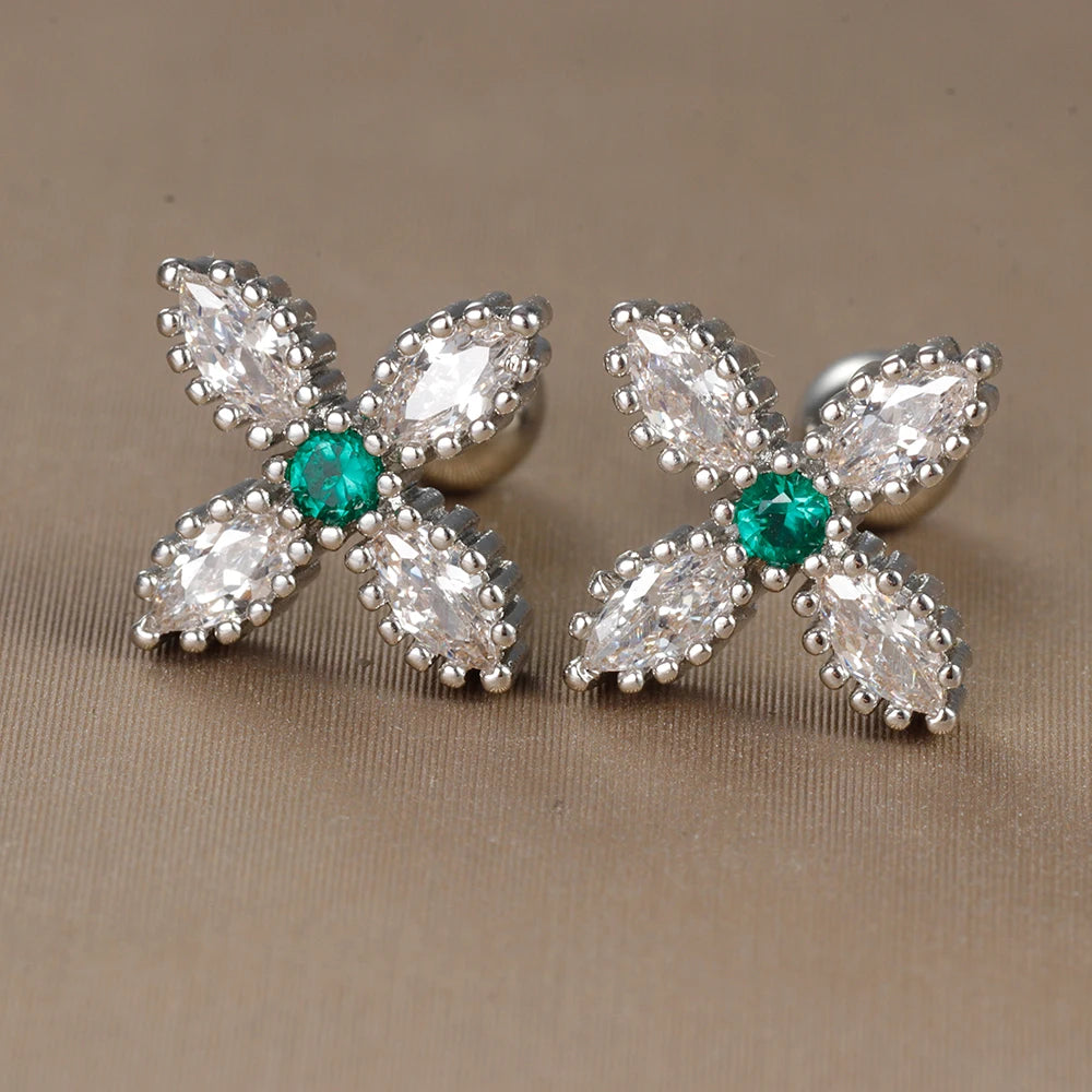 2PC Stainless Steel Little Stud Earring for Women Tiny Green Crystal Zirconia Cartilage Helix Tragus Piercing Earrings Jewelry Pi-Mart