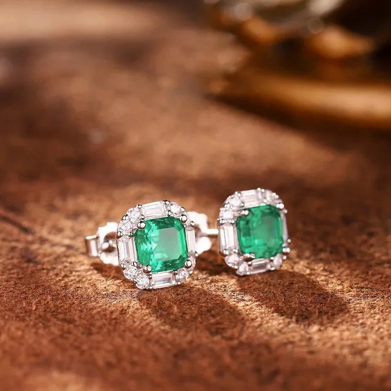 European and American Square Green Zircon Earrings, French Romantic Women's Inlaid Zircon Banquet Design, Shiny Jewelry Pi-Mart