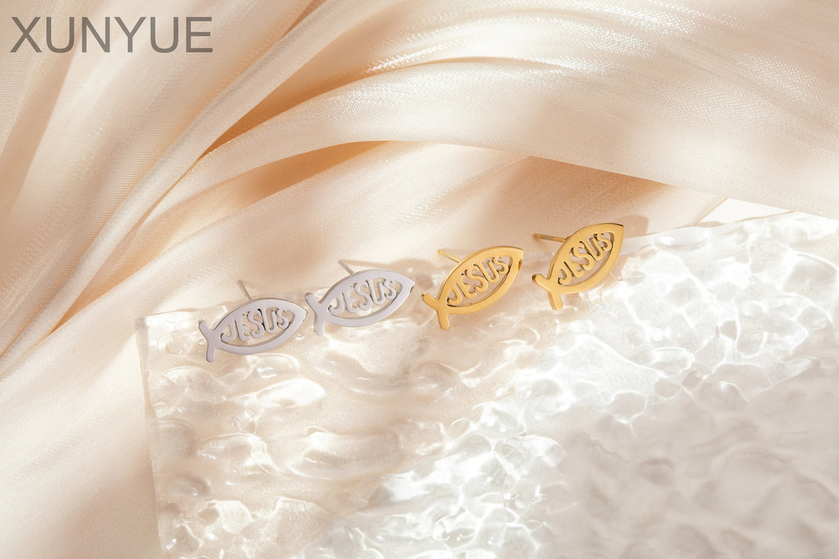 Vintage Stainless Steel Fish Shape JESUS Earrings Christian Symbol Jesus Ear Studs Fish Pendant For Unisex Pi-Mart