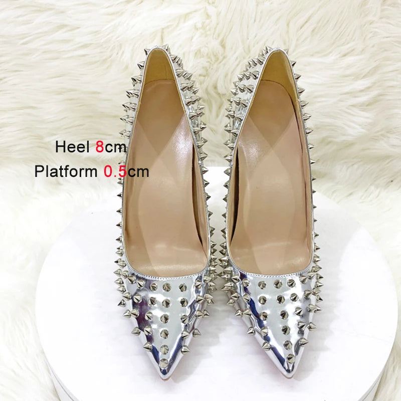 Women New Rivet High Heels 12CM Fashion Pointed Toe Party Single Shoes Europe And America Club Stage Pumps Silver Plus Size 43 Pi-Mart