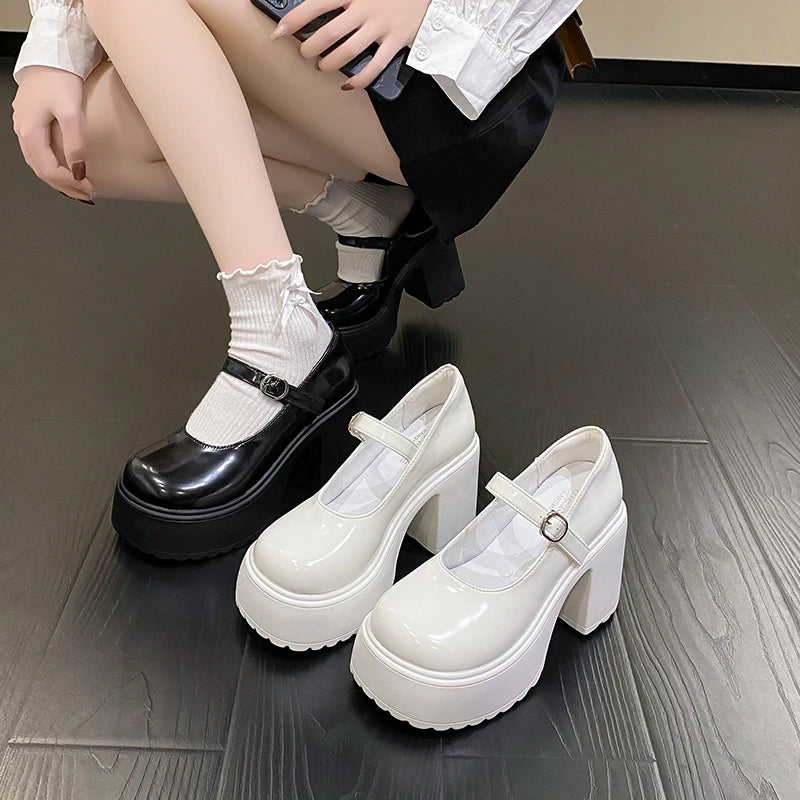 Black Super High Heels Mary Jane Shoes Women 2026 Goth Chunky Platform Pumps Woman Plus Size Ankle Buckle Party Lolita Shoes 42 Pi-Mart